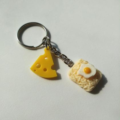 Cheese And Ramen Noodles Fried Egg Keychain, Funny..