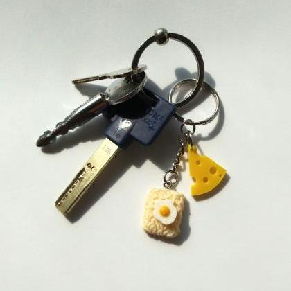 Cheese And Ramen Noodles Fried Egg Keychain, Funny..