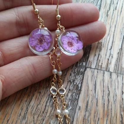 Real Flower Gold Chain Dangle Earrings// Pressed..