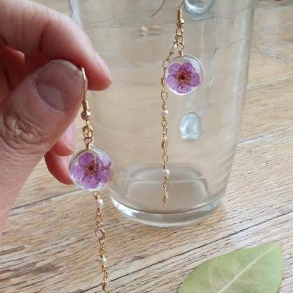 Real Flower Gold Chain Dangle Earrings// Pressed..