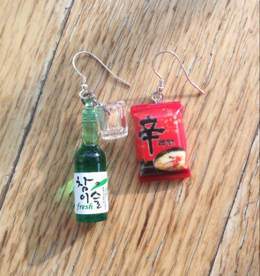 The Taste Of Korea Earrings, Korean Soju With Shot Glass And Shin辛ramen Noodles Earrings, Funny Earrings