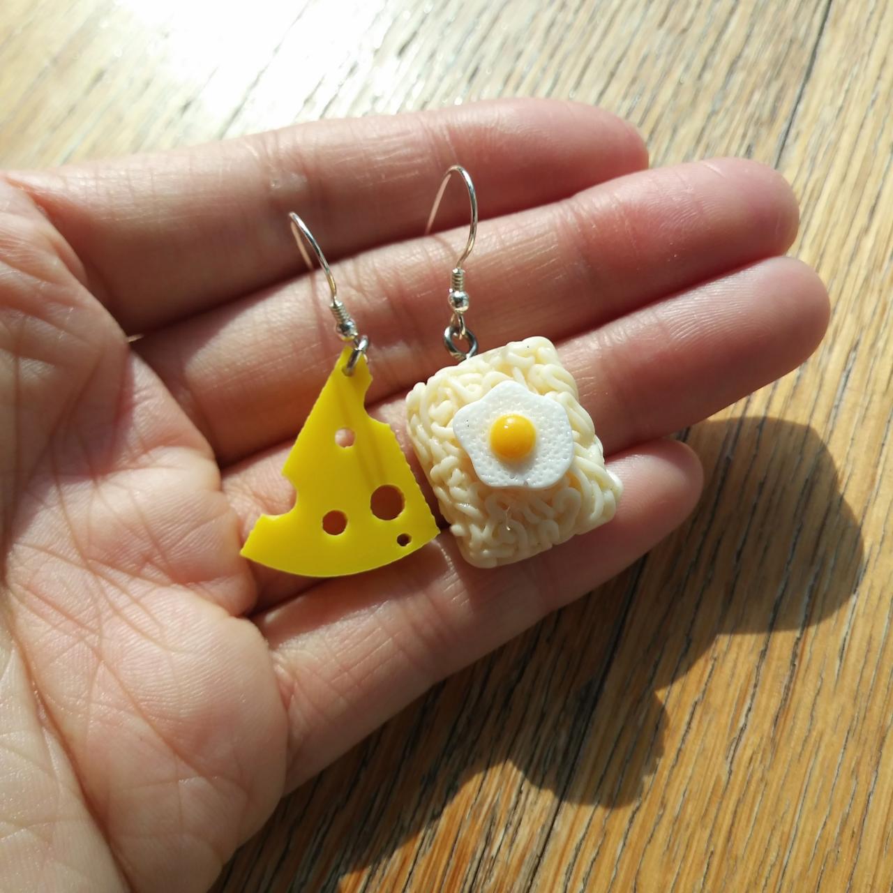 Cheese And Fried Egg Instant Ramen Noodles Earrings, Funny Earrings, Sliver 925 Earrings