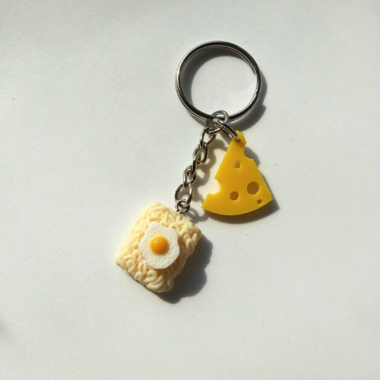Cheese And Ramen Noodles Fried Egg Keychain, Funny Keychain, Miniature Food Keychain