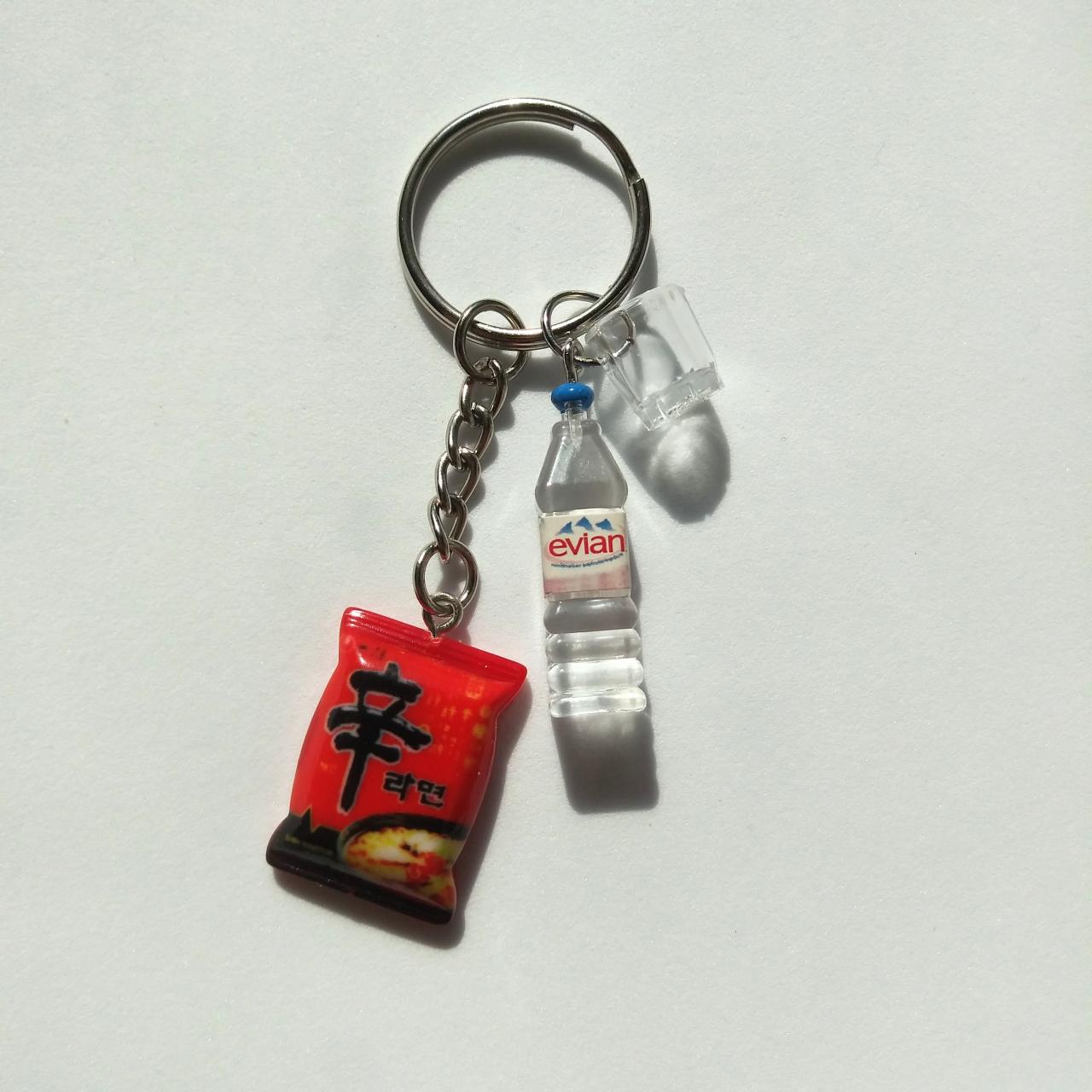 Korean Shin辛 Ramen Noodles With Water Bottle And Drinking Glass Cup Keychain, Funny Keychain, Miniature Food Keychain