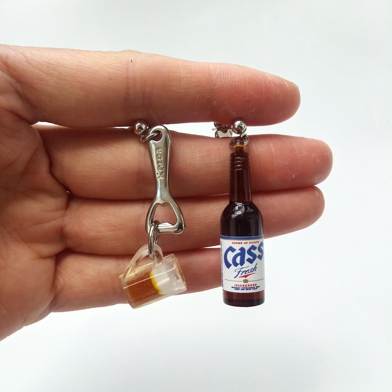 Korean Cass Beer Bottle Earrings With Bottle Opener And Mug Of Beer Earrings, Drink Bottle Earrings
