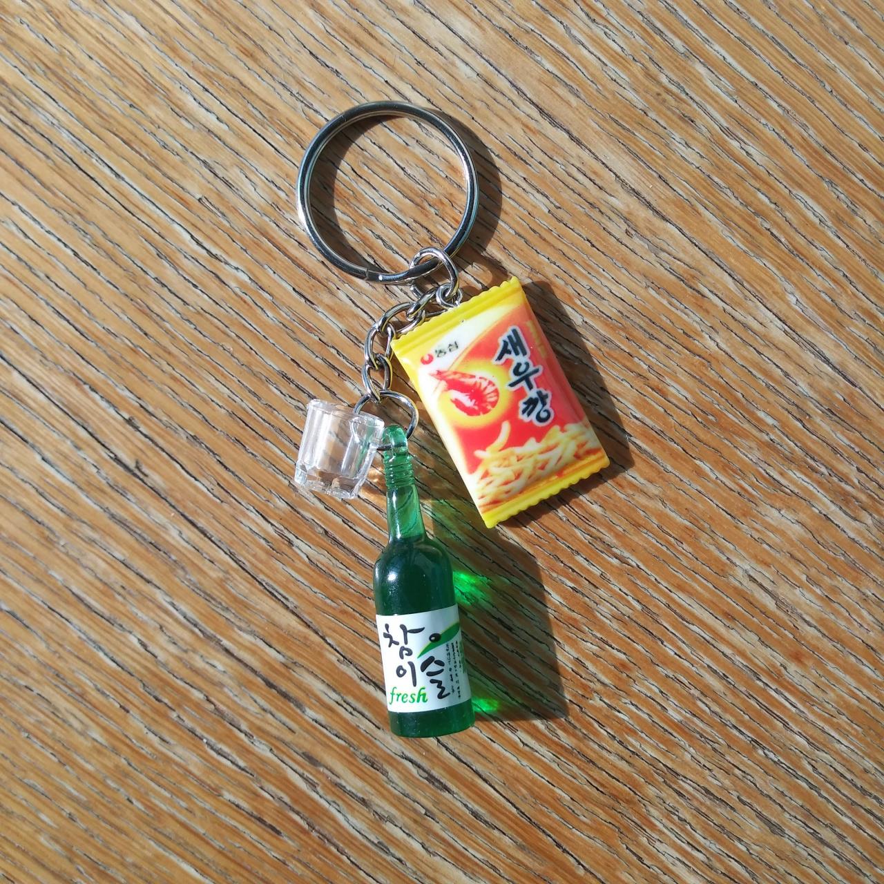 Korean Soju Bottle With Soju Shot Glass And Korean Shirmp Flavoured Crackers Keychain, Drink Bottle Keychain, Funny Keychain