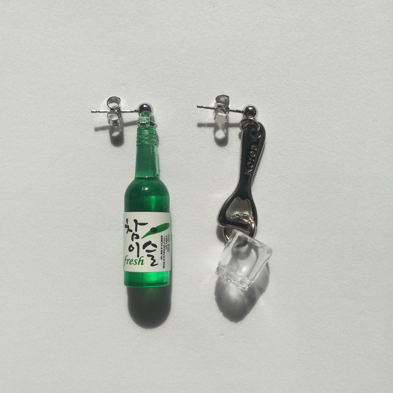 Korean Soju Bottle With Bottle Opener And Shot Glass Earrings, Drink Bottle Earrings, Alcohol Drink Earring, Sliver 925 Earrings
