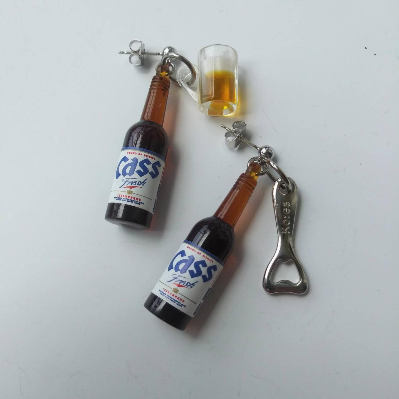 Korean Beer 'cass' Bottle With Beer Mug, Bottle Opener Earrings, Drink Bottle Earrings