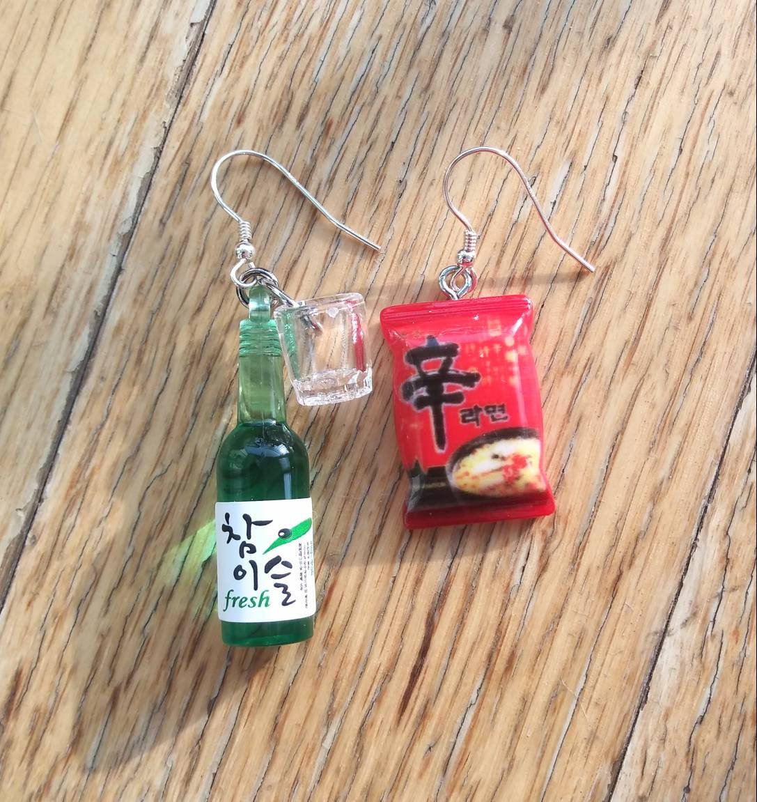 The Taste Of Korea Earrings, Korean Soju With Shot Glass And Shin辛ramen Noodles Earrings, Funny Earrings, Sliver 925 Earrings