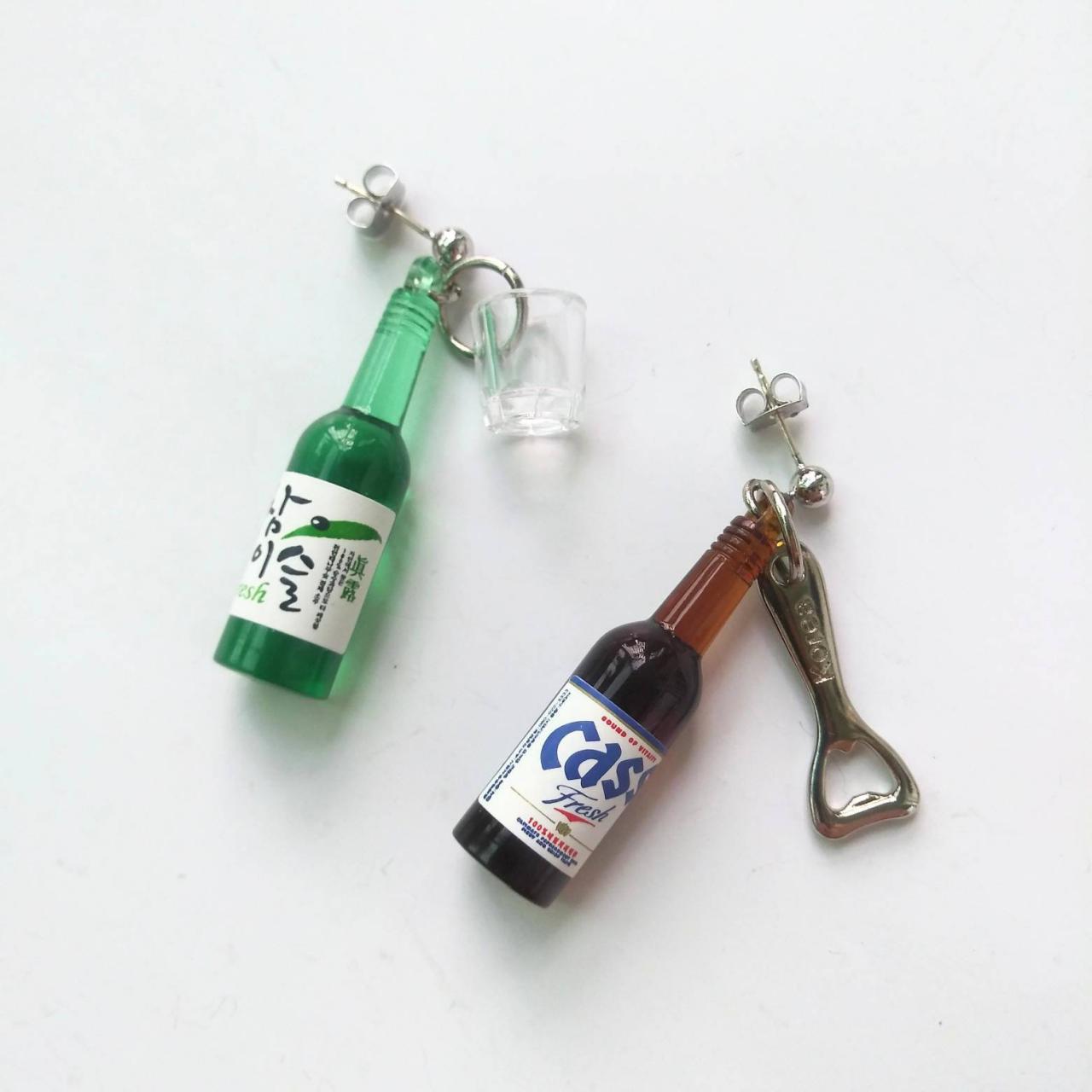 Korean Soju Bottle With Shot Glass And Korean Cass Beer Bottle With Bottle Opener Earrings, Drink Bottle Earrings