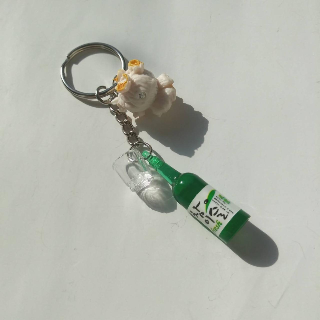 Soju & Popcorn>>> Korean Soju Bottle With Soju Shot Glass And Popcorn Keychain, Drink Bottle Keychain,