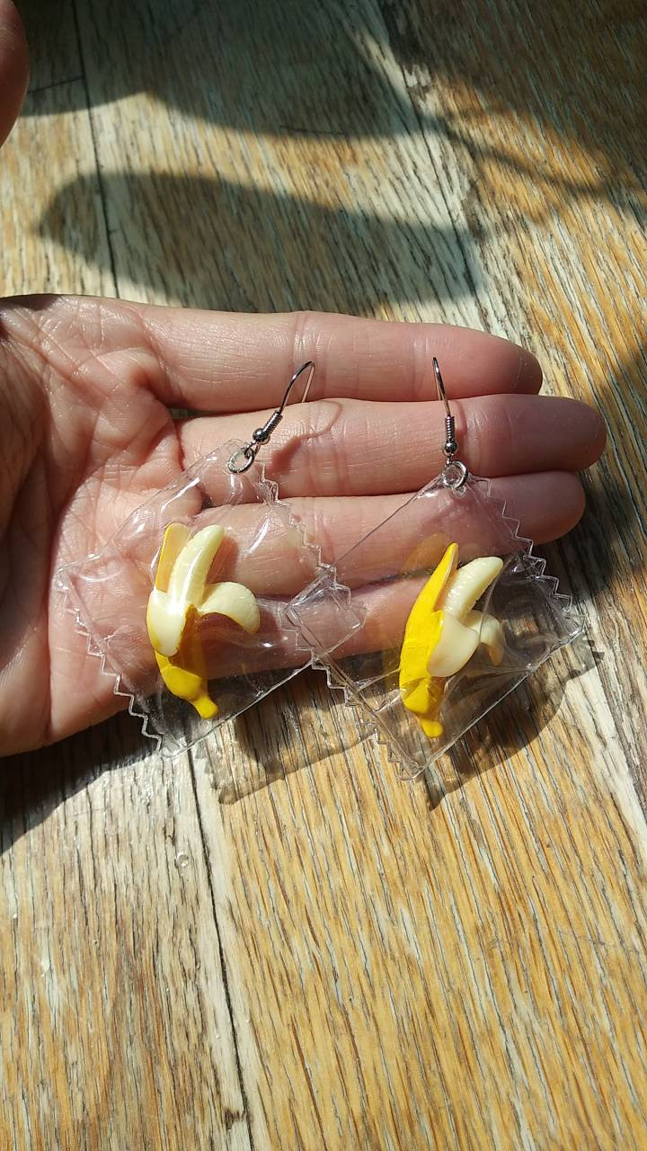 Miniature Banana In A Bag Earrings// Miniature Banana Jewellery// Food Jewellery Earrings