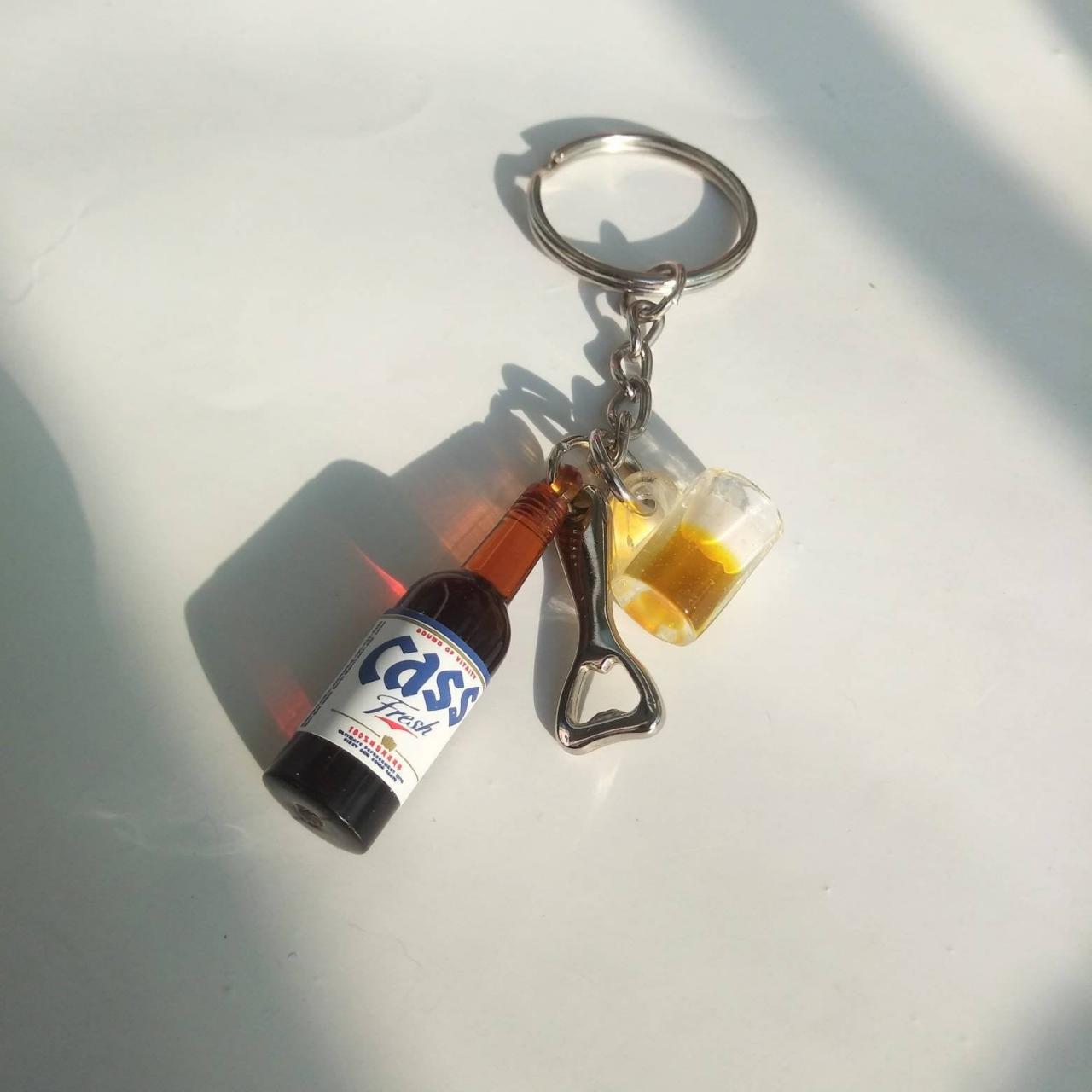 Korean 'cass' Beer Bottle With Bottle Opener And Beer Mug Keychain, Drink Bottle Keychain, Food And Drink