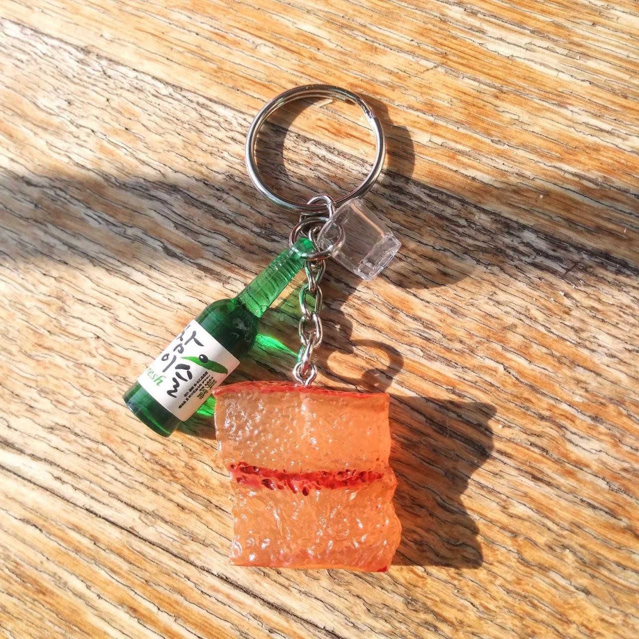 Korean Bbq Keychain, Korean Soju Bottle With Shot Glass And Grilled Pork Belly Keychain, Funny Keychain, Food And Drink
