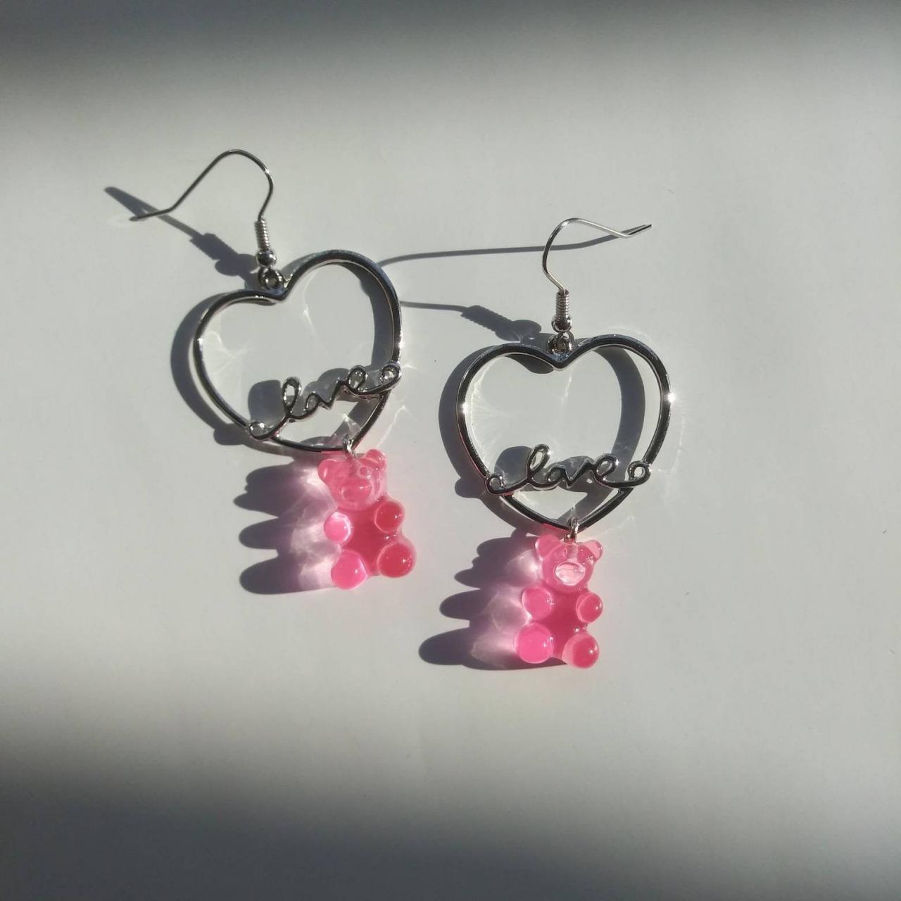 Available In 6 Colour Gummy Bear With Love Heart Drop Earrings, Multi-colour Gummy Bear Earrings