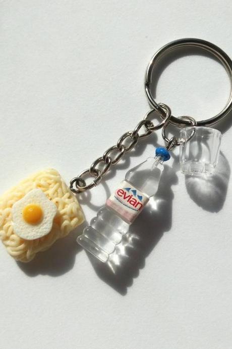 Fried Egg Ramen Noodles And Water Bottle With Drinking Glass Cup Keychain, Funny Keychain, Miniature Food Keychain